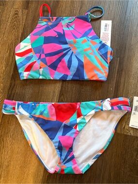 New Raisins Multicolor Pink Blue High-Neck Two-Piece Swimsuit